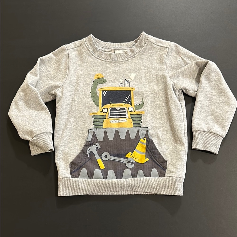 Carter's Gray 4T Sweatshirt with Yellow Construction Print Dinosaur; with Pocket